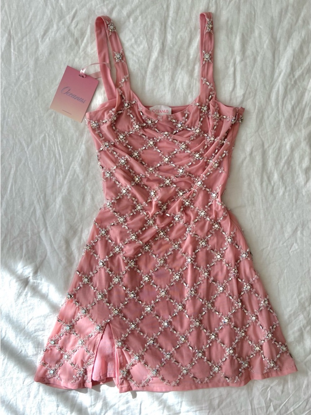 Oceanus Pink Embellished Mini Dress